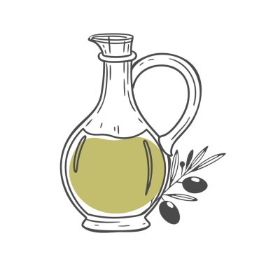Bir bardak zeytinyağı ve zeytin dalı. Doğal ürünler. Renkli el çizimi çizimi çizimi.
