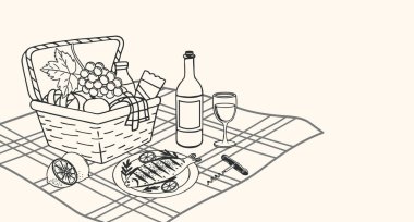 Yemek, şarap ve sepetli piknik sahnesi. Kafe için Dolce Vita yaşam tarzı çizimi, restoran menüsü. El çizimi çizimi çizim, davetiye, poster.