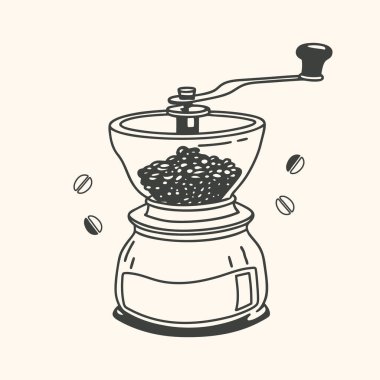 Kahve çekirdekli klasik kahve öğütücüsü. El çizimi çizimi çizimi.