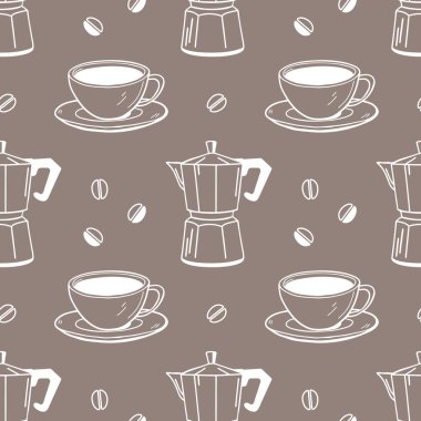 Kahve temalı, fincanlı, kahve makineli ve fasulyeli. Kafe menüsü geçmişi. El çizimi çizim.