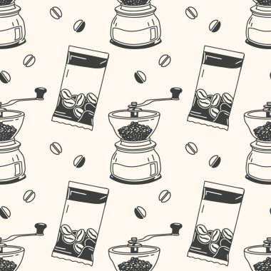 Kahve temalı, fincanlı, kahve öğütücülü ve fasulyeli. Kafe menüsü geçmişi. El çizimi çizim.