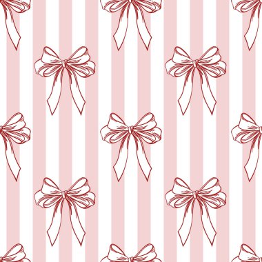 Kusursuz desen, çizgili arka planda elle çizilmiş zarif pembe fiyonklar. Flirty arkaplan, duvar kağıdı.