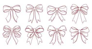 Zarif el yapımı kırmızı kurdele fiyonkları. El çizimi çizimi çizimi.