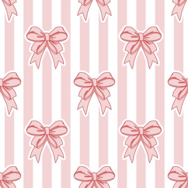 Kusursuz desen, çizgili arka planda elle çizilmiş zarif pembe fiyonklar. Flirty arkaplan, duvar kağıdı dekor.