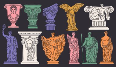 Antik estetik heykeller, heykeller, mimari elementler, sütunlar. Poster tasarımı, duvar, şekil, kolaj için antik heykellerin resimleri.