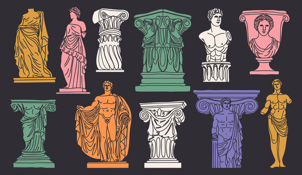 Antique aesthetics statues, sculptures and architectural elements, columns. Illustrations of antique statues for poster design, wall, pattern, collage.