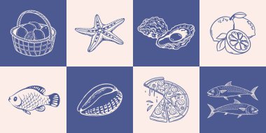 İçinde İtalyan yemekleri ve yaz öğeleri olan el çizimleri posterleri koleksiyonu. Deniz ürünleri, balık, pizza, limon. Akdeniz seti. Çizim çizimi.