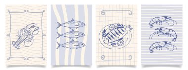 Elle çizilmiş İtalyan mutfak posterleri koleksiyonu. Deniz ürünleri, balık, ıstakoz, sardalya. Akdeniz seti. Deniz ürünleri menü kartları. Çizim çizimi.