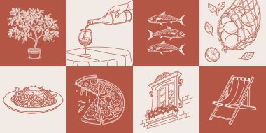 İçinde İtalyan yemekleri ve yaz öğeleri olan el çizimleri posterleri koleksiyonu. Makarna, deniz ürünleri, pizza, limon ve şarap. Akdeniz seti. Çizim çizimi.