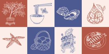 İtalyan yemekleri ve yaz elementleriyle el çizimi posterleri koleksiyonu. Makarna, deniz ürünleri, istiridye, limon. Romantik Akdeniz seti. Çizim çizimi.