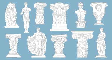 Klasik Yunan ve Roma heykelleri ve mimari öğeler koleksiyonu. Çizim çizimi çizimi.