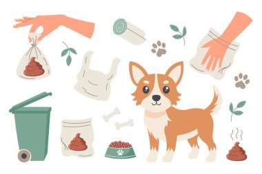 Köpek konsepti setinden sonra ortalığı temizle. Hayvan bakımı, çevresel farkındalık ve atık imhası. Sosyal işaretler ve evcil hayvan ürünleri için resim.