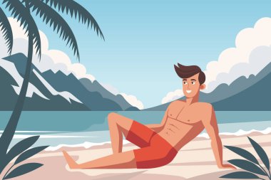 Seyahat zamanı. Genç adam sahilde güneşleniyor. Yaz zamanı, tatil konsepti. Seyahat illüstrasyonu.