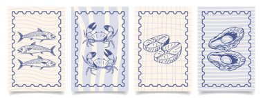 Elle çizilmiş İtalyan mutfak posterleri koleksiyonu. Deniz ürünleri, balık, istiridye, sardalya. Akdeniz seti. Deniz ürünleri menü kartları. Çizim çizimi.