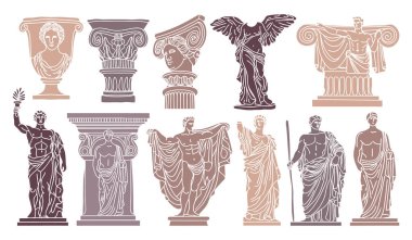 Yunan heykelleri estetik el çizimi seti. Heykeller ve mimari öğeler. Poster tasarımı, duvar, şekil, kolaj için antik heykellerin resimleri.