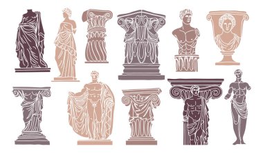 Yunan heykelleri estetik el çizimi seti. Heykeller ve mimari öğeler. Poster tasarımı, duvar, şekil, kolaj için antik heykellerin resimleri.