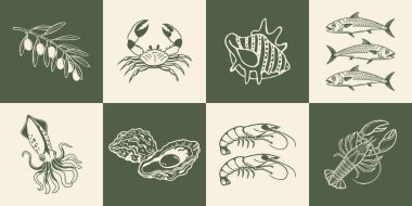 İçinde İtalyan yemekleri ve yaz öğeleri olan el çizimleri posterleri koleksiyonu. İstiridye, deniz ürünleri, zeytin, ıstakoz. Akdeniz seti. Çizgi sanatı çizimi.