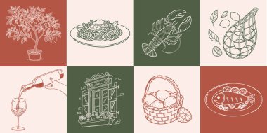 İtalyan yemekleri ve yaz elementleriyle el çizimi posterleri koleksiyonu. Makarna, deniz ürünleri, istiridye, limon. Romantik Akdeniz seti. Çizim.