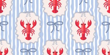 Mavi ve beyaz dalgalı çizgilerde ıstakoz ve fiyonklu kusursuz desen. Yaz mevsiminde sürekli deniz ürünleri. Akdeniz kıyı arkaplanı.