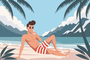 Seyahat zamanı. Genç adam sahilde güneşleniyor. Yaz zamanı, tatil konsepti..