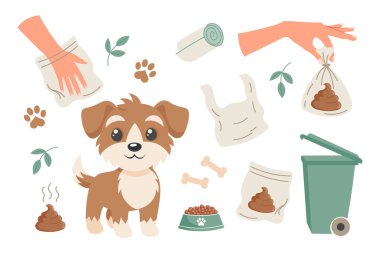 Köpek konsepti setinden sonra ortalığı temizle. Hayvan bakımı, çevresel farkındalık ve atık imhası. Sosyal işaretler ve evcil hayvan ürünleri için resim.