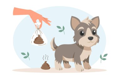 Hayvanının arkasını temizle. Köpek ve köpek atıkları için hijyenik çanta. Hayvan bakımı, çevre bilinci ve atık imhası. 