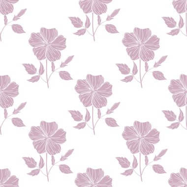 Beyaz arka planda pembe amber çiçekleri olan kusursuz bir desen. Tek renkli botanik baskı, duvar kağıdı.