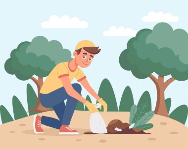 Gönüllü adam parkta çöp topluyor. Dışarıdaki çöpleri temizleyen adam. Görüntü.