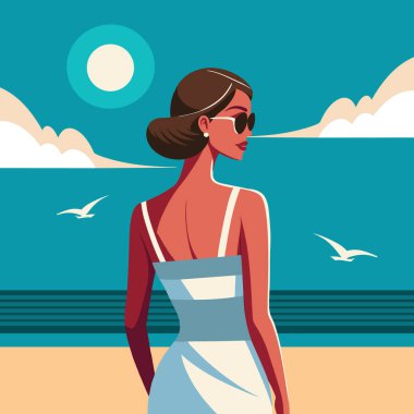 Sahilde güzel bir kadın. Düz biçim illüstrasyonu.