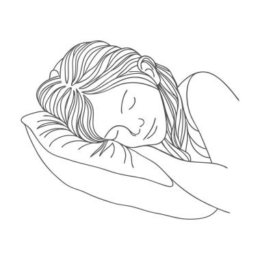 Yastığın üzerinde huzur içinde uyuyan bir kadın. Çizgi çizimi.