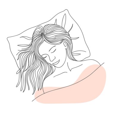 Yastığın üzerinde huzur içinde uyuyan bir kadın. Çizgi çizimi.