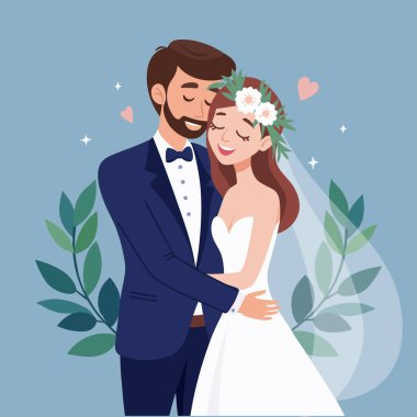 Düğün çifti açık mavi arka planda kucaklaşır. Gelin ve damat. Resim, davet.