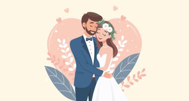 Aşık düğün çifti. Gelin ve damat. Banner, davet.