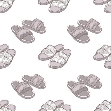 Samimi ev terlikleri, pürüzsüz tekrar eden desenler. Beyaz arka planda terlikleri olan kusursuz desen.