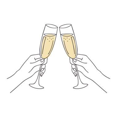 Şampanya kadehlerini tutan iki elin resmi. Şampanya kadehleri, kadeh kaldırmalar, kutlamalar