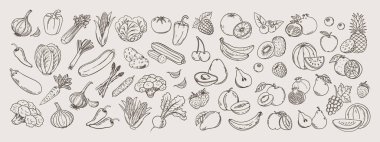 Sebzeler ve meyveler. Restoran menüsü için el yapımı tarım ürünleri koleksiyonu, pazar etiketi. 