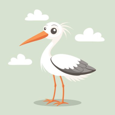 Arka planda bulutlu şirin bir leylek yavrusu. Oyuncu illüstrasyon, kartpostal.