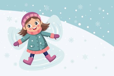 Happy child makes snow angels on a snowy day. Cute girl in the snow. Illustration.