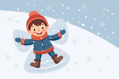 Happy child makes snow angels on a snowy day. Cute boy in the snow. Illustration.