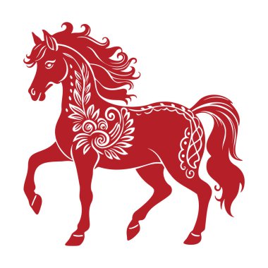 Çiçek süslemeli kırmızı at silueti. Görüntü.