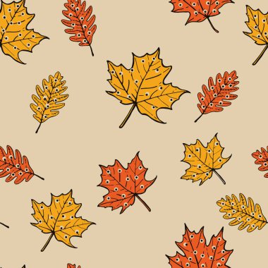Noktalı sonbahar yapraklı pürüzsüz desen. Eşsiz Sonbahar seti. Sonbahar yaprakları: meşe, akçaağaç, dizayn veya dekorasyon seti. 