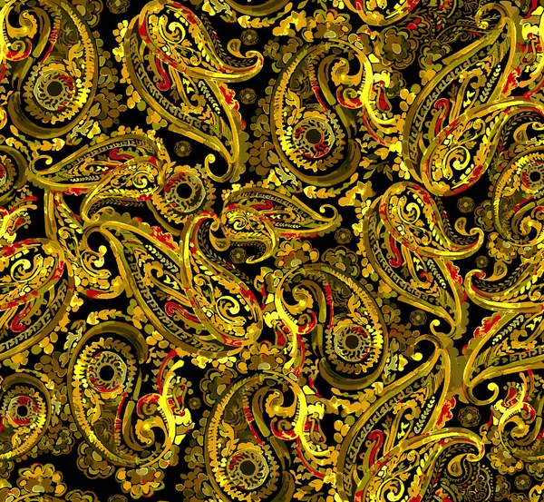 Gyllene Färg Sömlös Asiatisk Textil Bakgrund Damast Sömlöst Mönster Paisley — Stockfoto