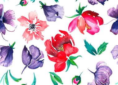 Çiçekli desen, yapraklı ve çiçekli suluboya resim, beyaz arkaplanda pürüzsüz desen.