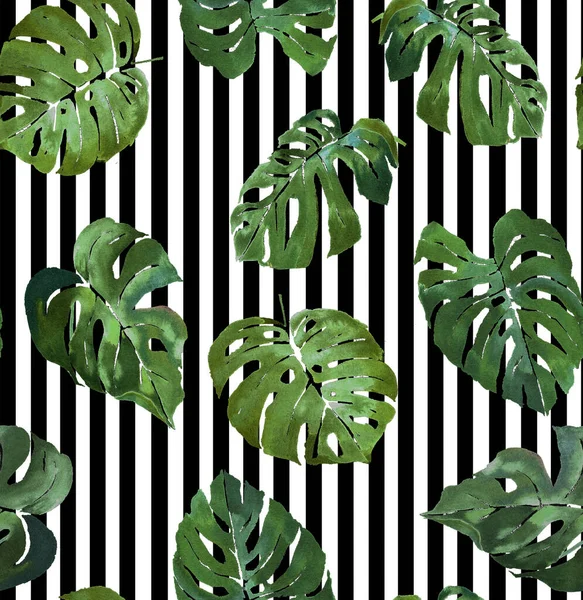 一组水彩斑斓的热带植物叶子 新的和新鲜的夏季模式 全页印刷 — 图库照片