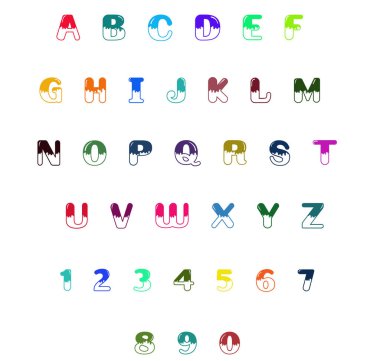 Zarif ve klasik büyük harf, renkli yazı tipleri A-Z - abcd... çok renkli alfabeler ve sayılar 