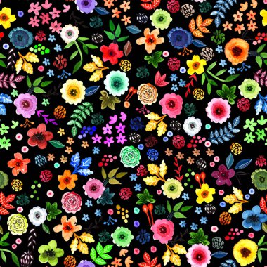 Küçük çiçekler, yaprakların ve çiçeklerin suluboya resimleri, pürüzsüz desenler. Zarif ve klasik bahar çiçeği, tekstil duvar kâğıdı ve ambalaj kağıdı tasarımı. 