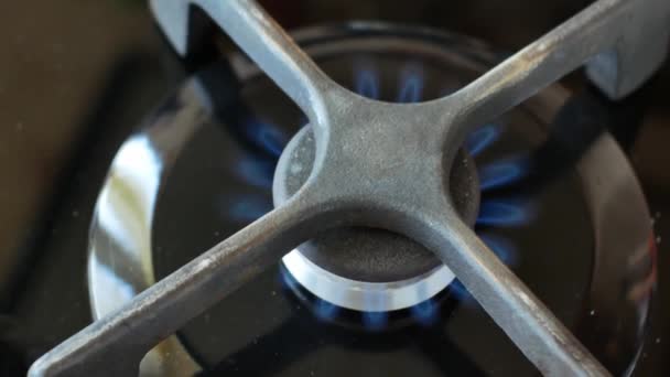家庭用ガスストーブの燃焼ガスバーナーのクローズアップ ガスバーナーの青い炎は点火し 燃焼し 出て行く 調理用天然ガスの使用 世界的なエネルギー危機の概念 — ストック動画