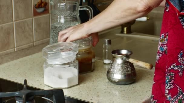 Housewife Puts Sugar Turkish Coffee Pot Teaspoon Coffee Adds Little — Stock Video