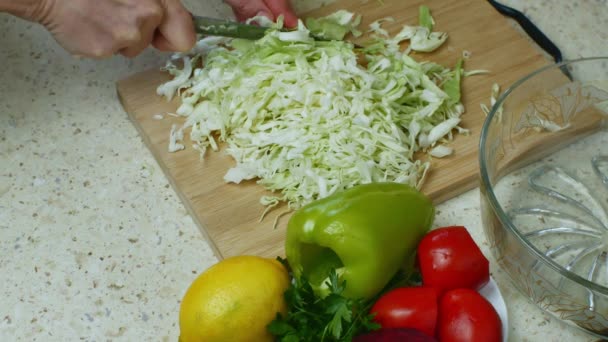 Krautsalat Aus Tomaten Paprika Und Grüner Zitrone Kochen Großaufnahme Hausfrauen — Stockvideo