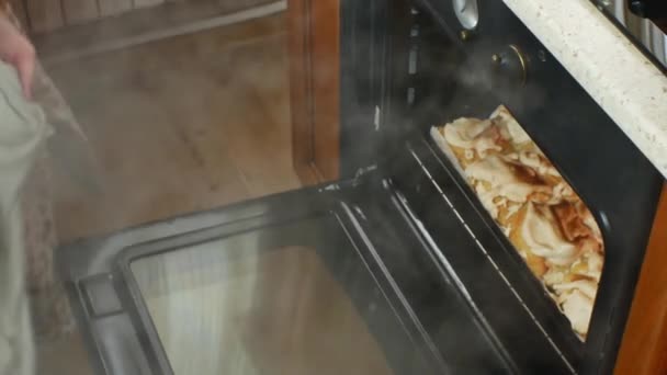 Крупним Планом Руки Домогосподарки Відкривають Піч Збирають Залізну Сковороду Готовими — стокове відео